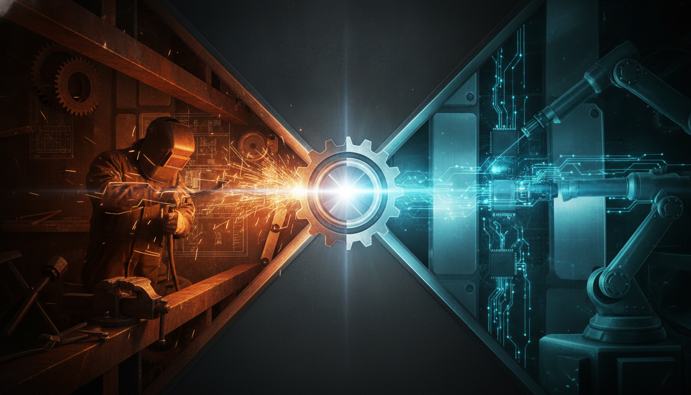 A welder striking sparks on one side meshing with electric automation circuitry on the other, joined at a central steel gear.