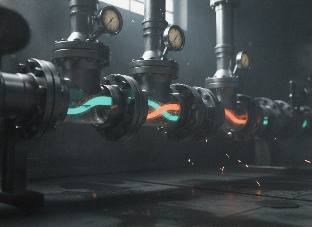 An industrial steel pipeline and valve manifold with glowing teal and orange energy flowing through it.